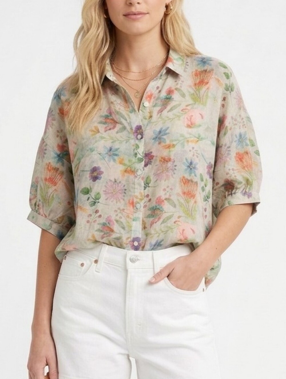 ID 100% Linen Floral Boxy Blouse Multi-Color Artist Cottagecore Top M NWOT